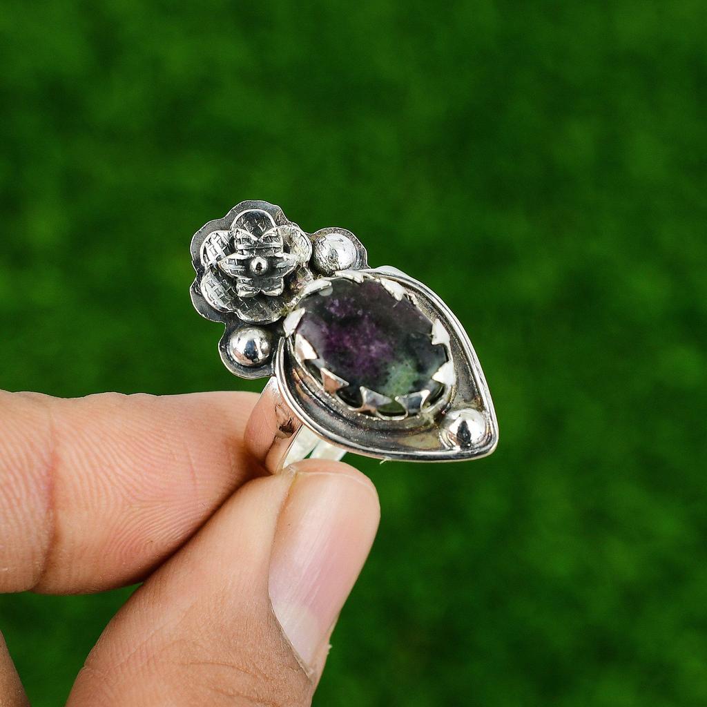 Gift For Her Natural Ruby Zoisite Multi Stone Flower Adjustable Ring 925 Silver