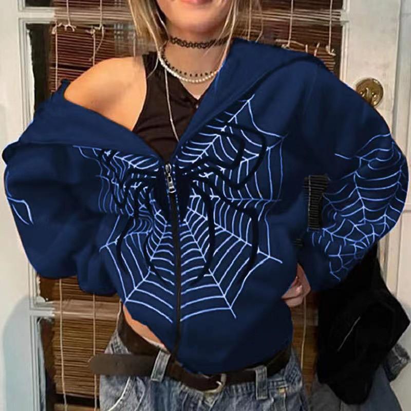 Mens Streetwear Spider Print Hooded Zip Pullover Sweatshirt Winter Casual Loose Top