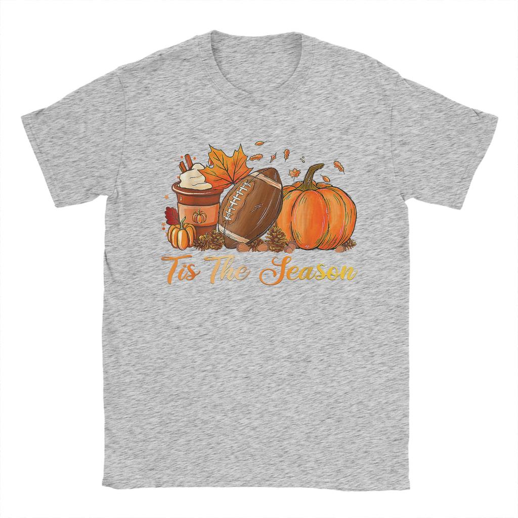 Unisexs TShirts Pumpkin Spice Football Tis The Season Fall Thanksgiving Tees Short Sleeve T Shirts Crew Neck Clothing Classic