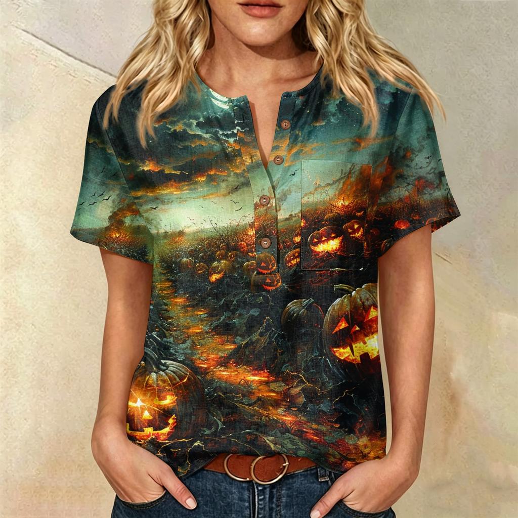 Women Casual Short Sleeve Henley Shirt Cotton Linen Blend Halloween Print Front Pocket Button Neck Blouse