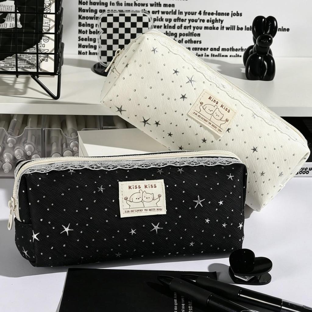 1pcs Lace Deco Lucky Star Cute Cat Pencil Case Simple Design Stationery Bag Pen Storage Pouch for Office & School Supplies