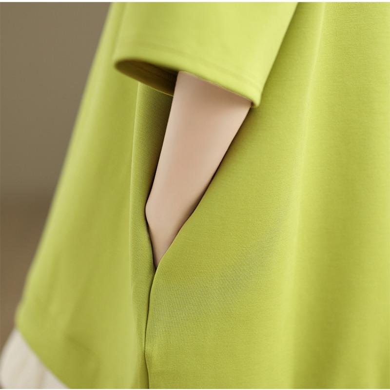 DIMANAF 2025 New Summer Plus Size T-Shirt Women O-Neck Short Sleeve Spliced Cotton Loose Tops Tees Maxi