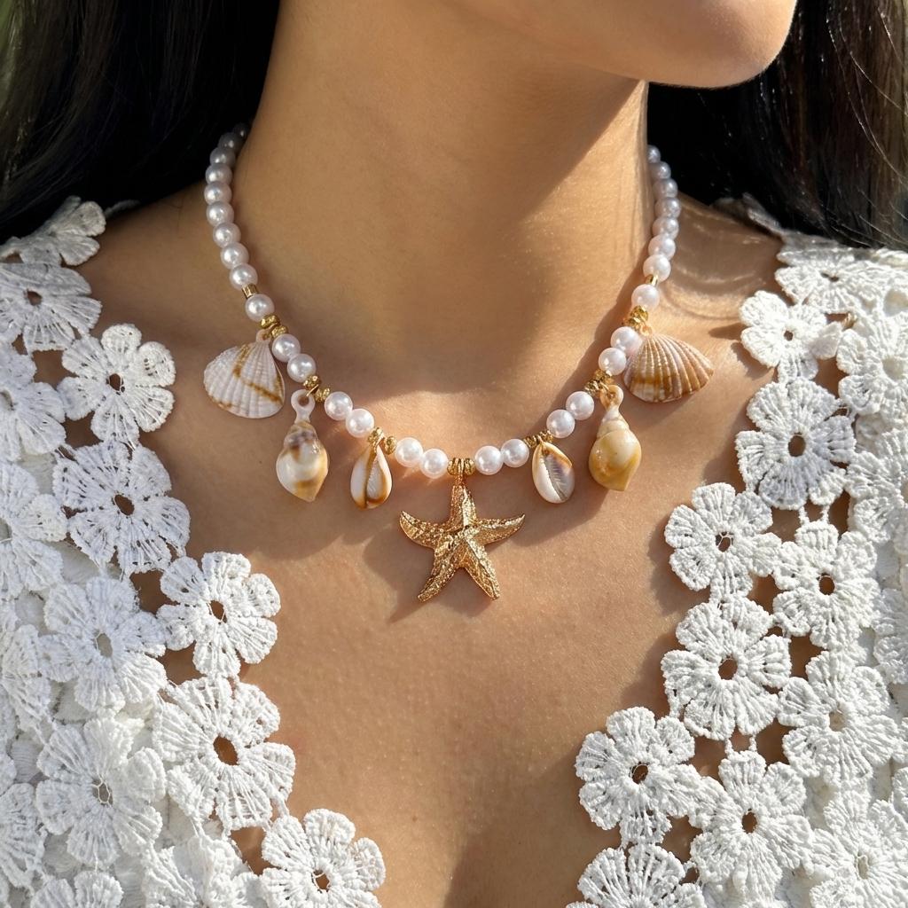 Boho Starfish Shell Conch Simulated Pearl Necklace Summer Beach Ocean Theme Choker For Women