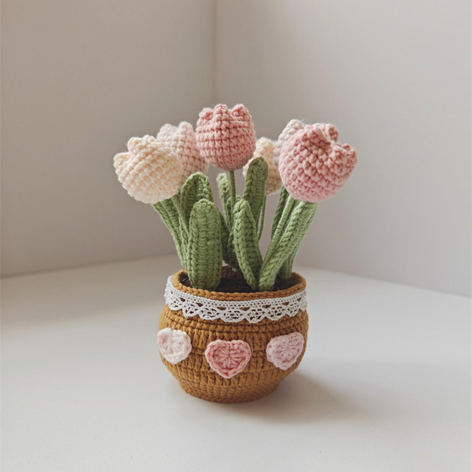 

Woolen Potted Ornaments Artificial Flower Crochet Flower Potted Plush Doll Desktop Decoration 1pc One Size