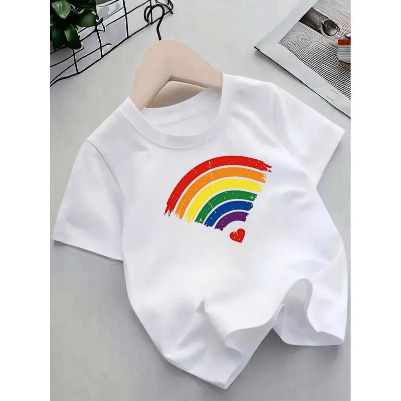 Европейские размеры Летняя футболка с коротким рукавом - Мягкий топ с круглым вырезом с радугой & - для детей, & маленьких - Повседневная одежда и одежда для вечеринок, - 98cm белый