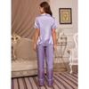 Damen Revers Kurzarm Offen Vorne Zweiteilig Lange Hose Pyjama-Set Lässig Haus Schlaf Loungewear