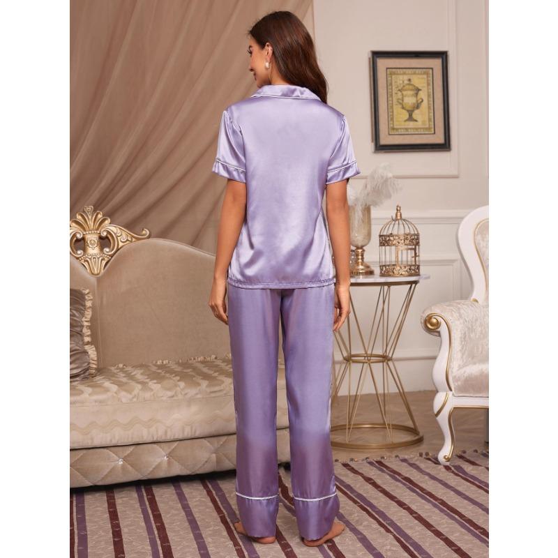 Damen Revers Kurzarm Offen Vorne Zweiteilig Lange Hose Pyjama-Set Lässig Haus Schlaf Loungewear