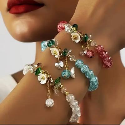 Bracelet Daily Wear At Parties 3pcs Elegant Floral Beaded Bracelet Set - Boho-Chic Adjustable Elasticity - Perfect For Casual Attire Faux Crystal