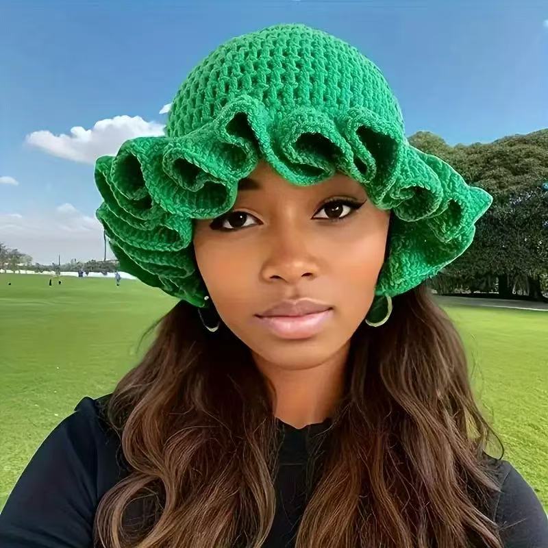 Colorful Crochet Ruffle Bucket Hat Warm Stretch Knit Hat  Year Celebration Women's Fashion Handmade Beanie Hat Tool Tentacle