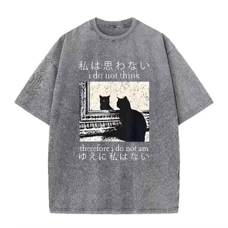 Japansk Citat Spejl Kat Grafisk Vintage Vask Oversized Sort T-shirt Mørk Academia Katteelsker Street Top