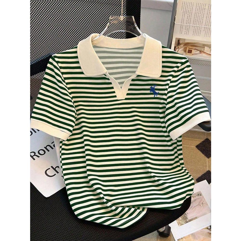 T-shirt a maniche corte con colletto a righe da donna, Nuova versione coreana estiva ampia, Camicia da donna versatile snellente come top
