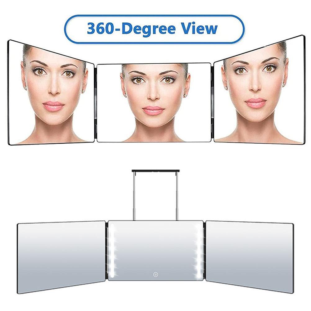 Trifold Mirror LED Makeup Mirror 3 Way Mirror for Self Hair Cutting Lightweight Portable Adjustable 