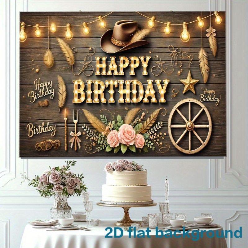 1pc Rustic Western Style Birthday Banner with Vintage Cowboy Hat Fairy Lights Wooden Wagon Wheels Bouquet with Pink Roses - B