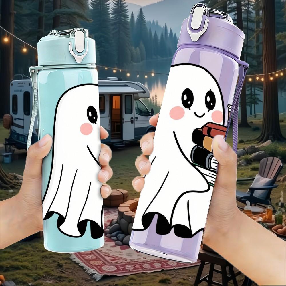 1PC Halloween Ghost Reading Book 750ml Color Plastic Sports Water Bottle Leakproof Flip Straw Lid Suitable for Sports Office Home Use