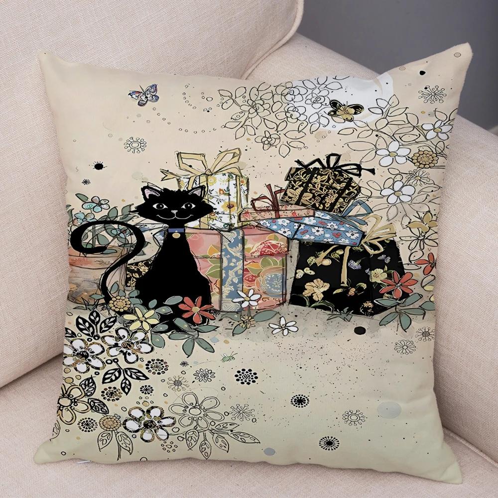 Double Print Cute Elegant Black Cat Cushion Cover Decor Cartoon Animal Pillow Case for Sofa Home Car Soft Plush Throw Pillowcase