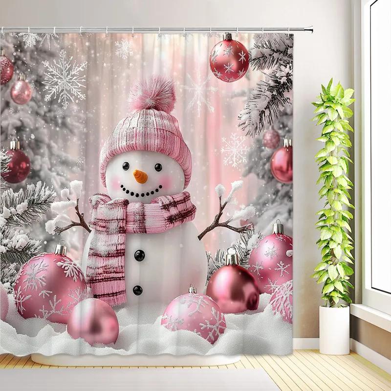 JY01Christmas Cute Snowman Shower Curtains Santa Claus Winter Snowflake Snow Scenery Cedar Reindeer Xmas Bathroom Decor With H@1