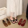 Fashion New Style Soft Leather Square Toe Cat with Flip-flops Women Fashionable Thin Belt Thin Heel Soft Sole Flip-flops Zapatos Mujer