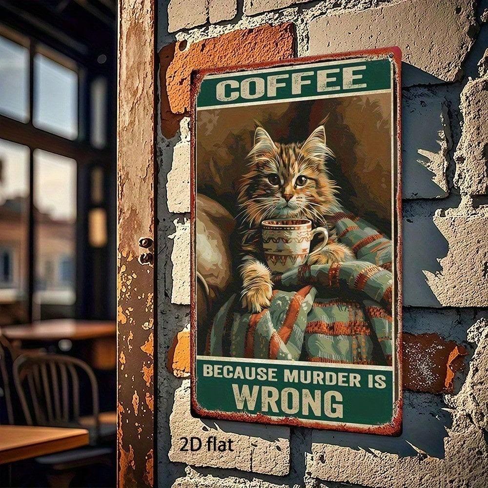 Funny Coffee Cat Metal Sign, Vintage 8x12 Inch Iron Plaque, Because Murder Is Wrong Wall Art, No Wiring Needed