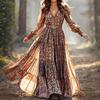 Womens Long Bohemian V-Neck Floral Print A-Line Dress Casual Beach