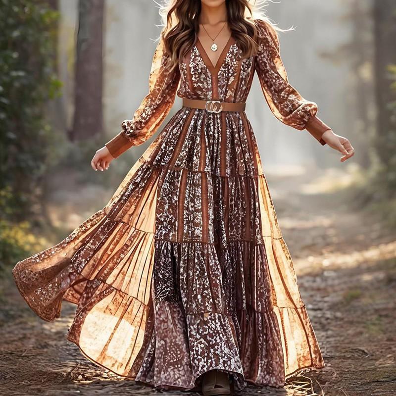 Womens Long Bohemian V-Neck Floral Print A-Line Dress Casual Beach