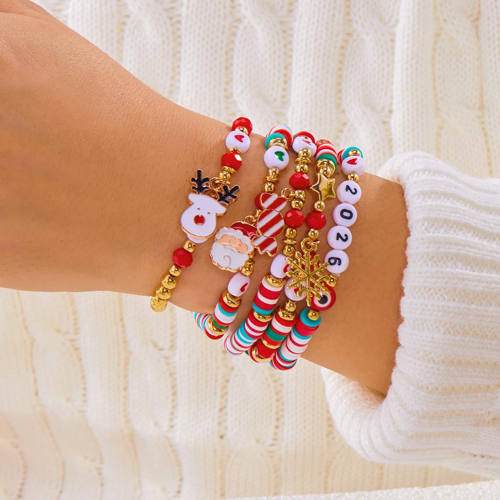 4Pcs/Set Christmas Tree Santa Claus Bracelet For Women Xmas Deer Snowflake Pearl Polymer Clay Beads Bracelets New Year Jewelry