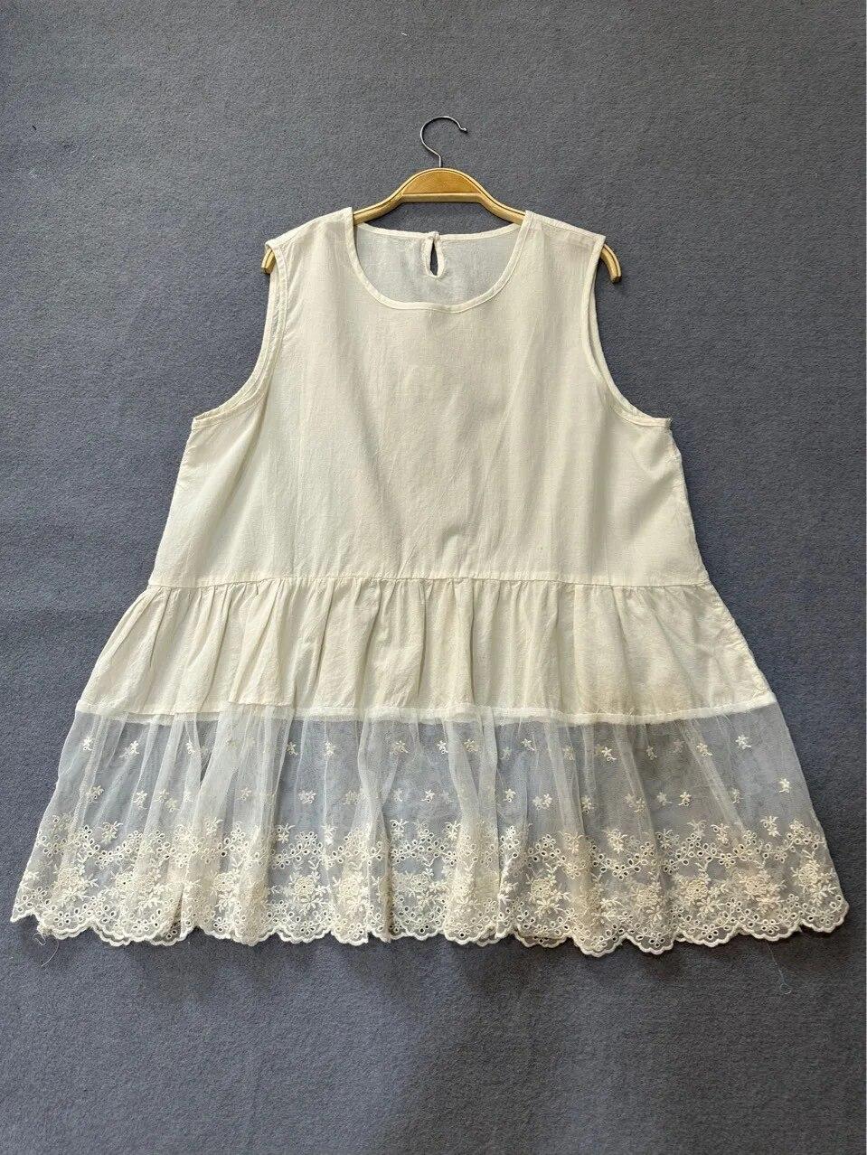 

Johnature Mori Японські тонкі бавовняні ажурні мереживні літні вільні універсальні повсякденні жіночі топи без рукавів One Size бежевий