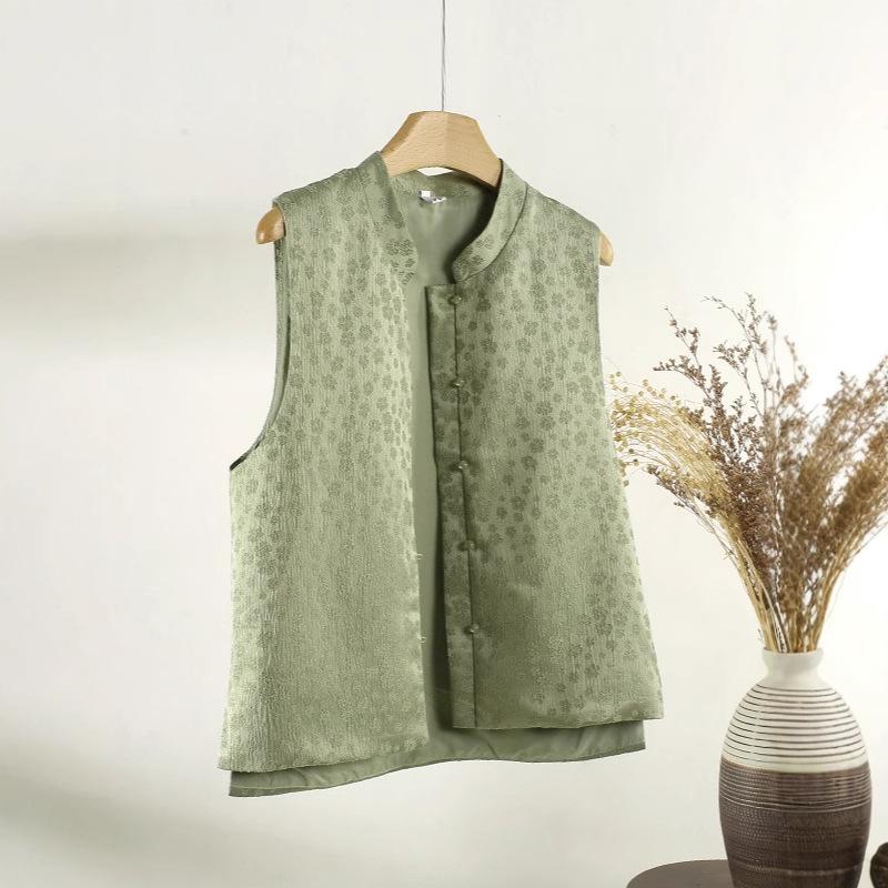 Retro Buckle Green Vest Female 2025 Jacquard Mori Zen Improvement