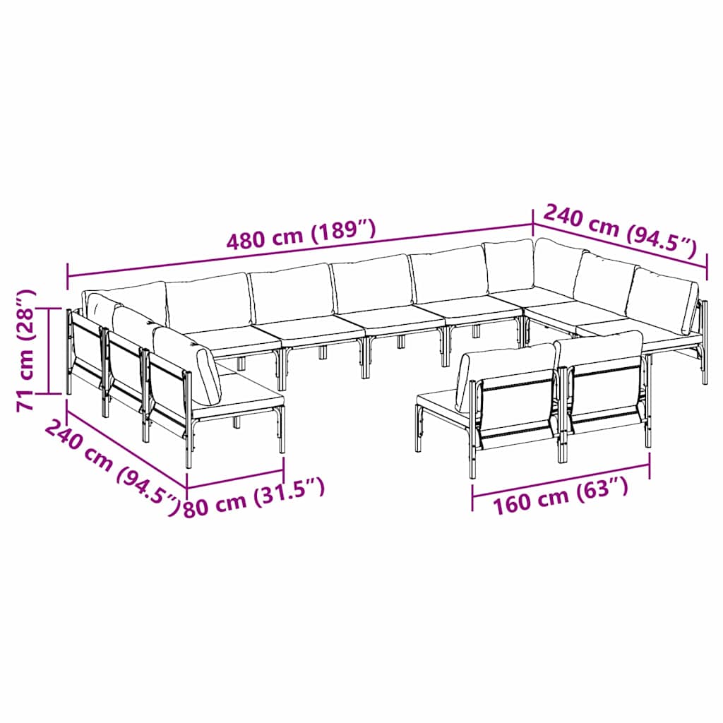 Garden Sofa Set with Cushions 12 Pcs Black Steel