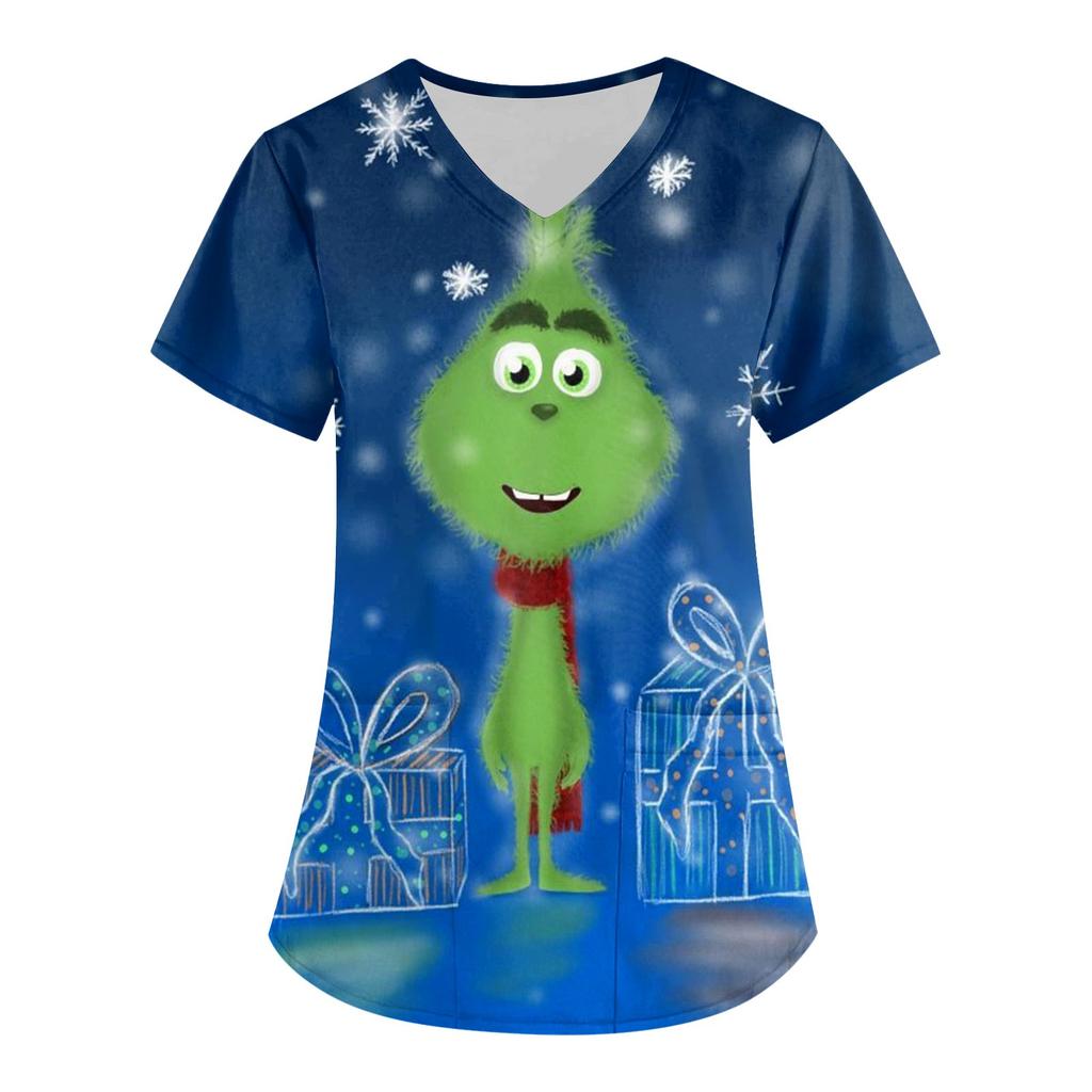 Moda Femenina Estampado Manga Corta Cuello en V Patrón Tops Bolsillo Camisetas de Trabajo