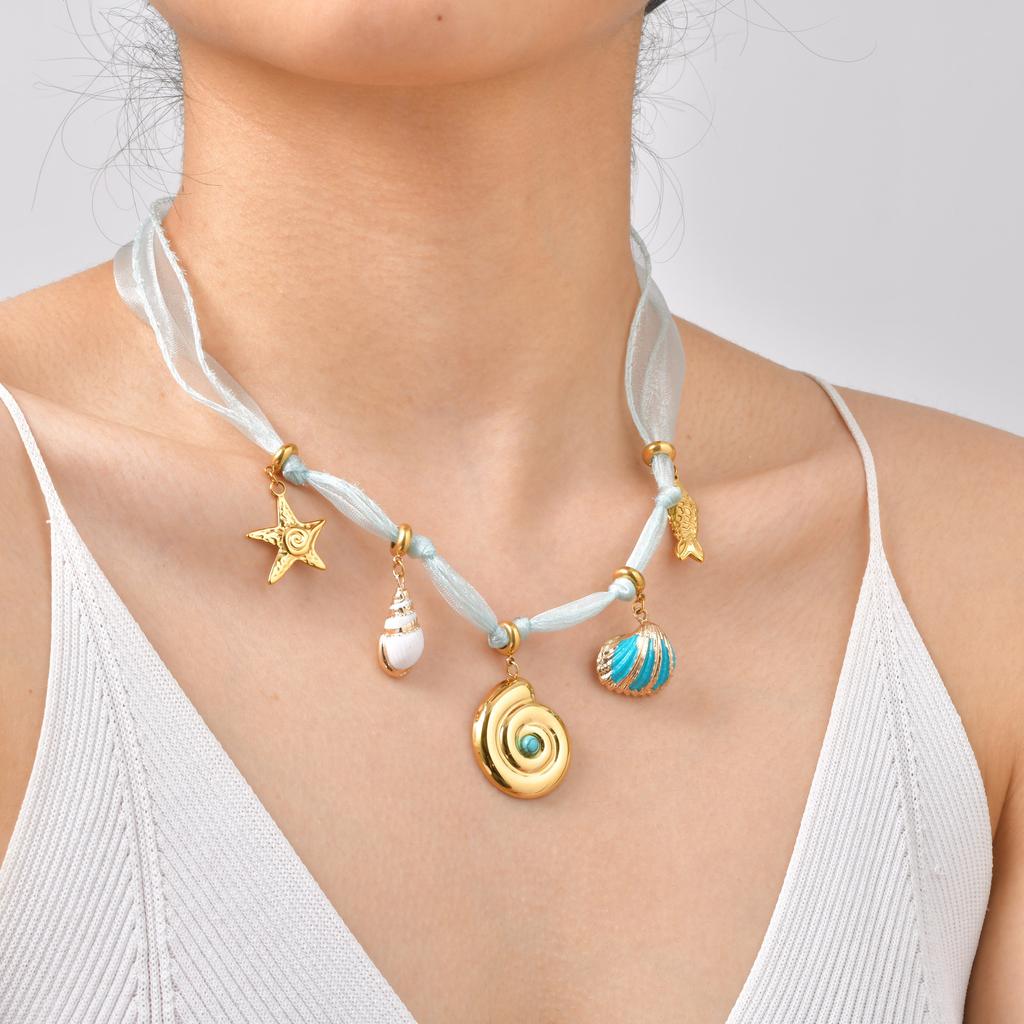 Fashion Bohemian Vacation Ocean Element Pendant Green Ribbon Necklace Women'S Stainless Steel 2653