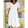 GMXIA Dame Sommer Casual Bomull V-hals Kort Erm Knappekjole