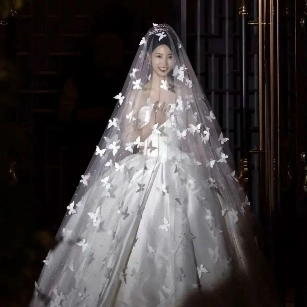 

Soft Yarn White Butterfly Wedding Veils One Layer Illusion Bridal Headpiece Marriage 150x150cm