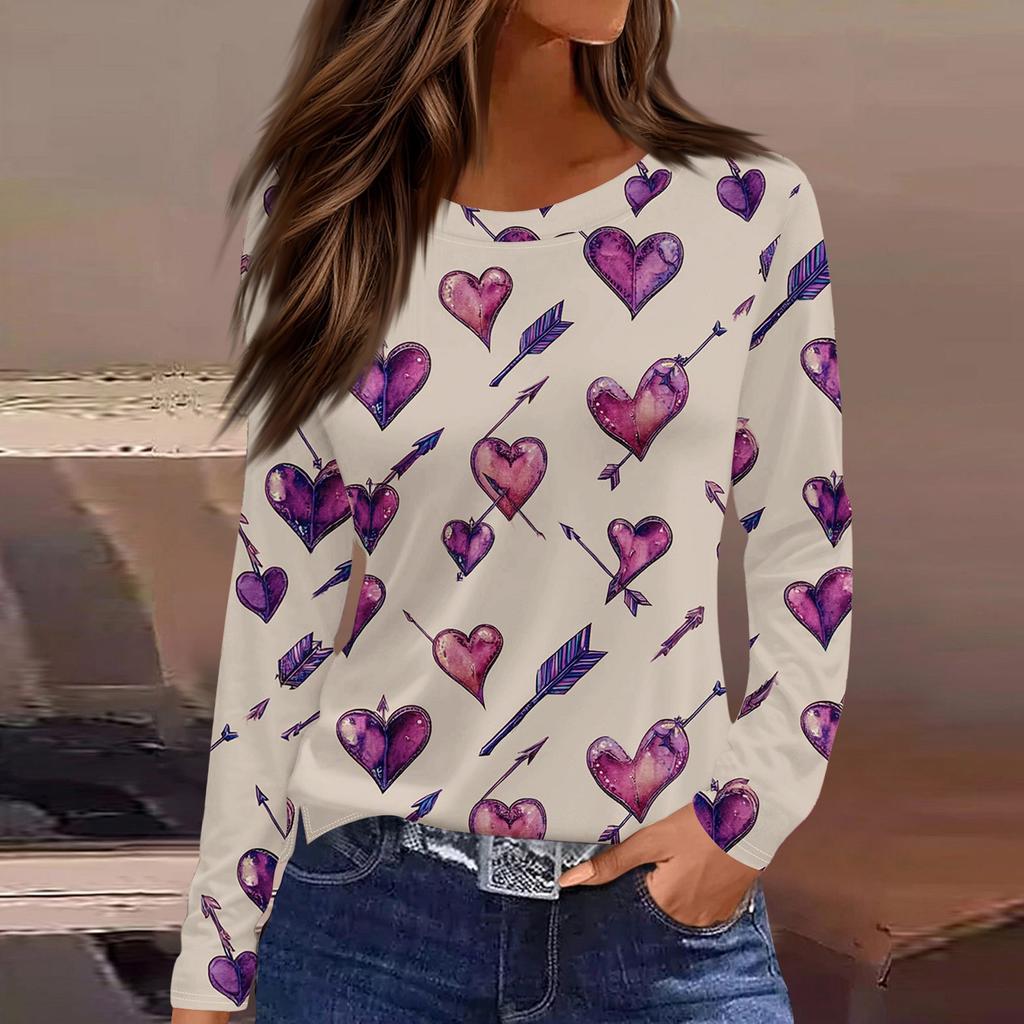 Women's Fashionable Long-Sleeved Round Neck Top with Slit Hem and Valentine's Day Heart Print