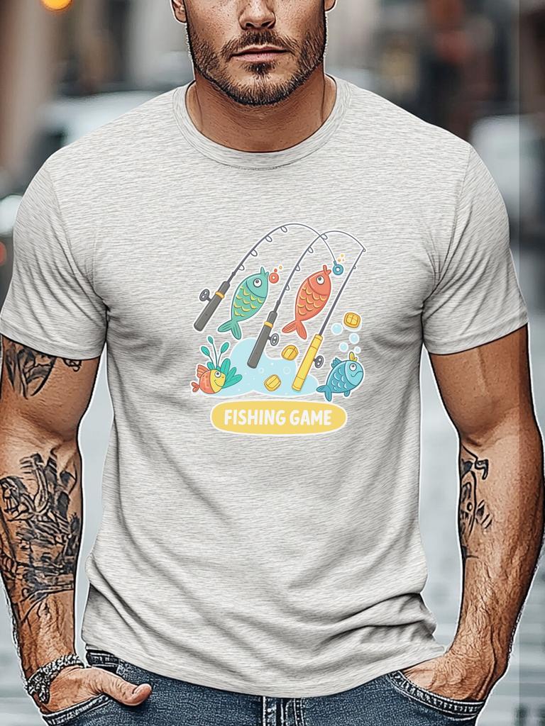 Mens Summer Fishing TShirt Fishing Game Rod Fish Print Short Sleeve Round Neck Soft Oversized Playful Daily Wear