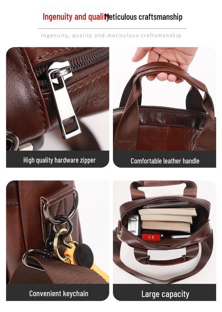 Men's Genuine Leather Vertical Briefcase: Simple Top Layer Cowhide Shoulder & Crossbody Document Bag.
