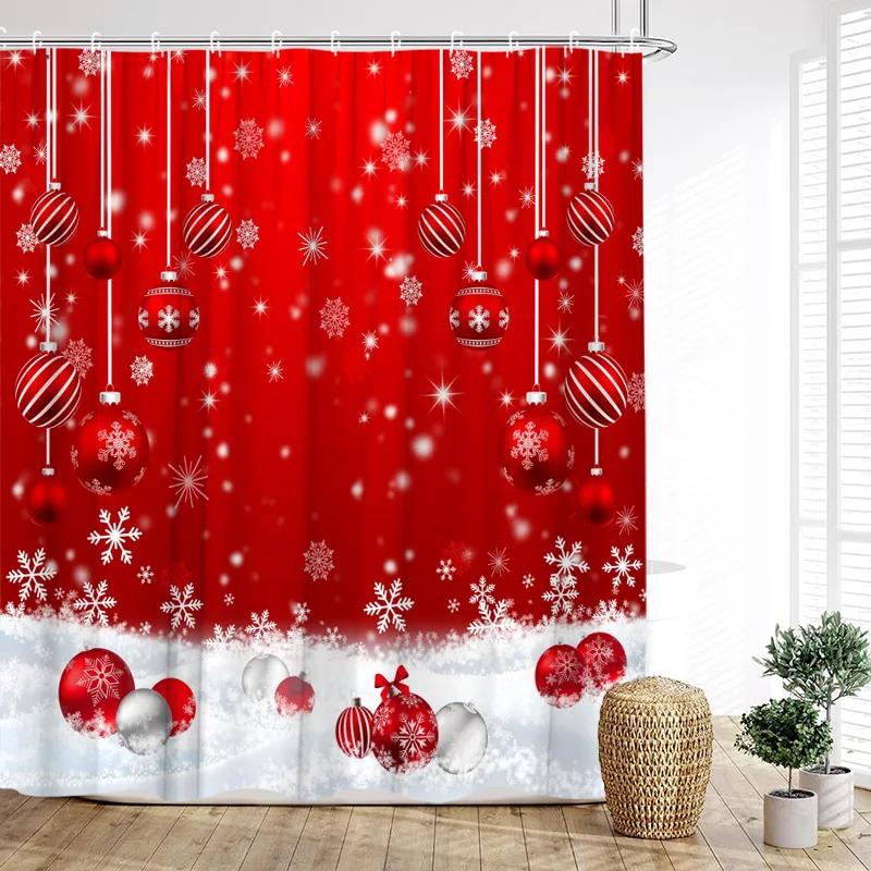 GAEFunny Red Santa Claus Shower Curtain Gold Xmas Balls Gifts White Snowflakes Winter Christmas Bath Curtains Home Bathroom De