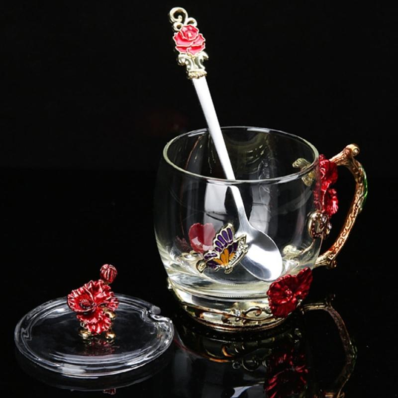 Emaille Glas Tassenset Muster Glas Tasse mit Löffel Emaille Tasse Milch Zitrone Blume Schmetterlinge Tasse