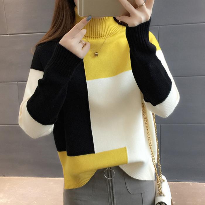 Fall/Winter Women Turtleneck Sweater Loose Color-Block Thick Pullover Knitwear Stretch Long-sleeved Split Knit Top Jumper Outwear