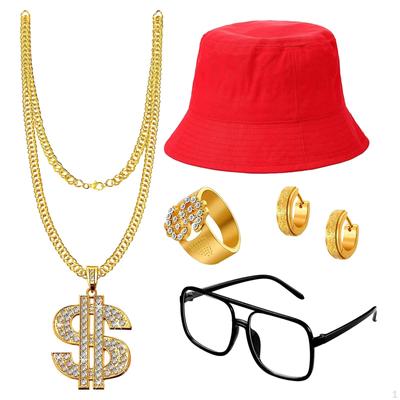 Hip Hop Costume Kits Bucket Hat Rapper Jewelry Decoration Lightweight for Men Women Ring Outfits