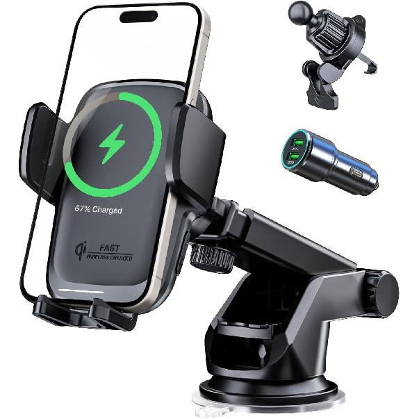 KPON Wireless Charger for Car, Car Phone Holder Charger Mount Qi Certified Auto Clamping 15W Fast Charging for Dashboard Air Vent Windshield Mount
