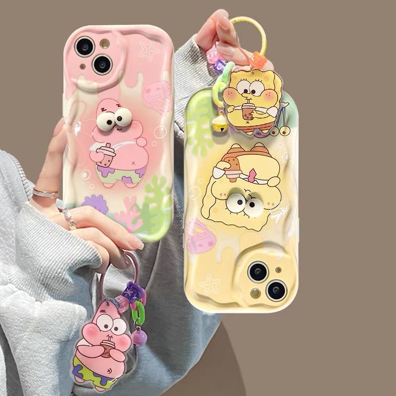 Big Eyes SpongeBob Cartoon TPU Soft Phone Case For 11 12 Mini 13 Pro Max 14 Pro 15 Pro X XS Max XR 7 8 Plus With Pendant