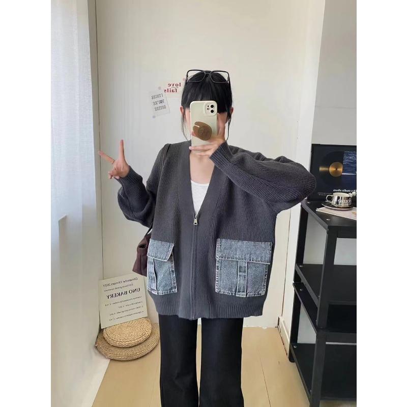 

Осень и зима новый свободный джинсовый кардиган на молнии с трикотажной вставкой повседневный универсальный свитер-куртка женский one size fits all темно-серого