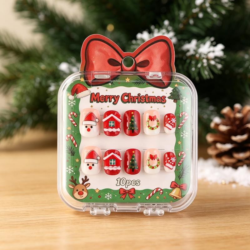 10Pcs Merry Christmas Ins Trend Press On Nails Chic Nail Patch Ladies Cute 3D Christmas Tree Santa Claus Decoration Nail Art
