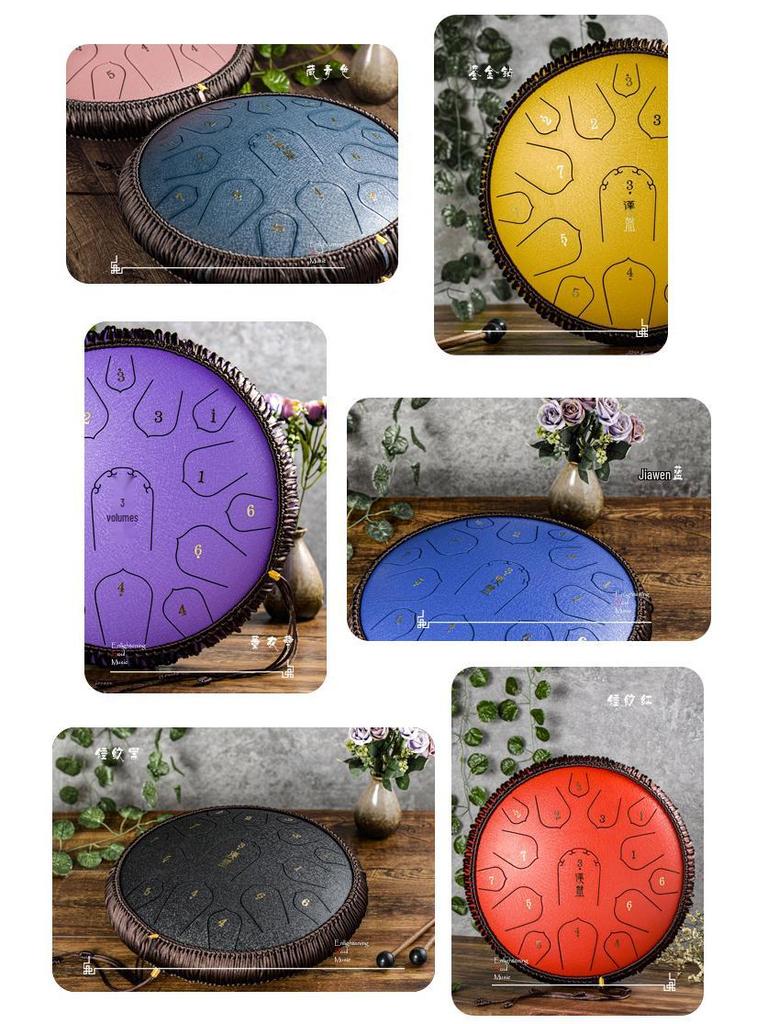 15-Note D Key Handpan Steel Tongue Drum, 14-inch, with Colorful Empty Sanskrit Design