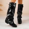 Pleated Belt Buckle Size 36-43 Brown Long Boots Women Chunky Heel British Style Slouchy High Heel Knee-High Boots Botas Mujer