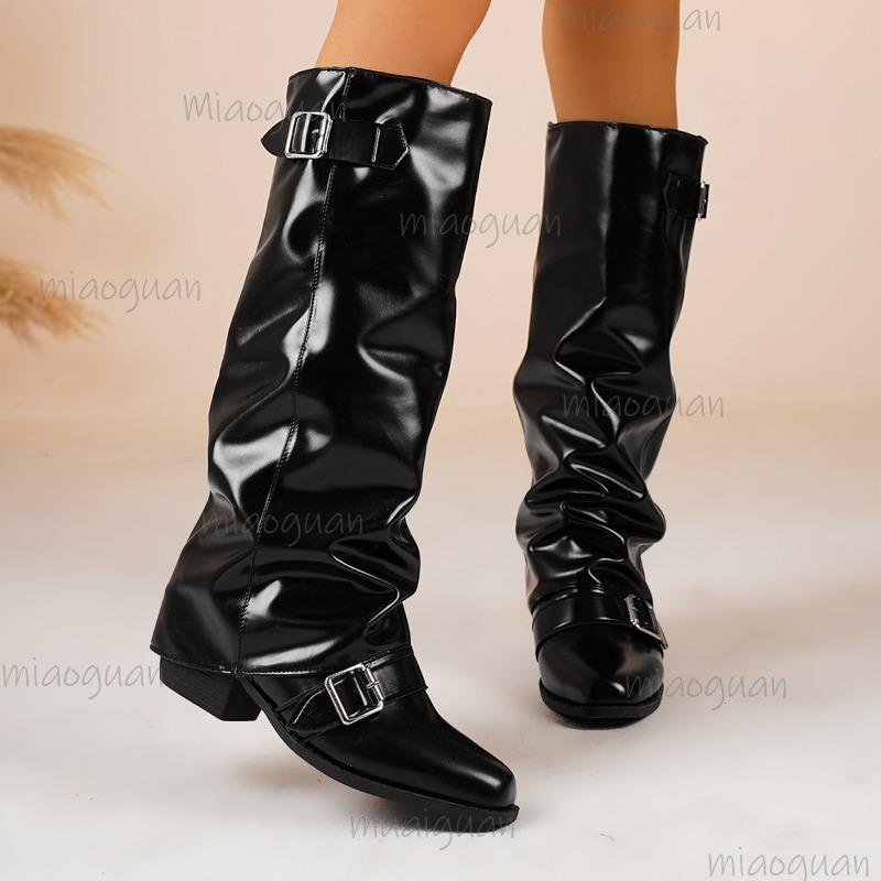 Pleated Belt Buckle Size 36-43 Brown Long Boots Women Chunky Heel British Style Slouchy High Heel Knee-High Boots Botas Mujer