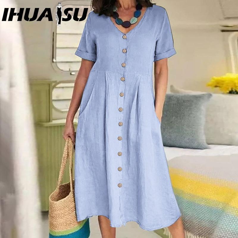 IHUASU Women Summer Casual Cotton V-Neck Short Sleeve Button Dress