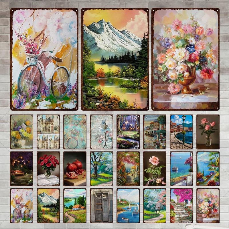 Flower Potted Landscape Metal Sign Vintage Tin Sign Metal Vintage Bar Vintage Wall Decoration Bar Club Man Cave Metal Poster