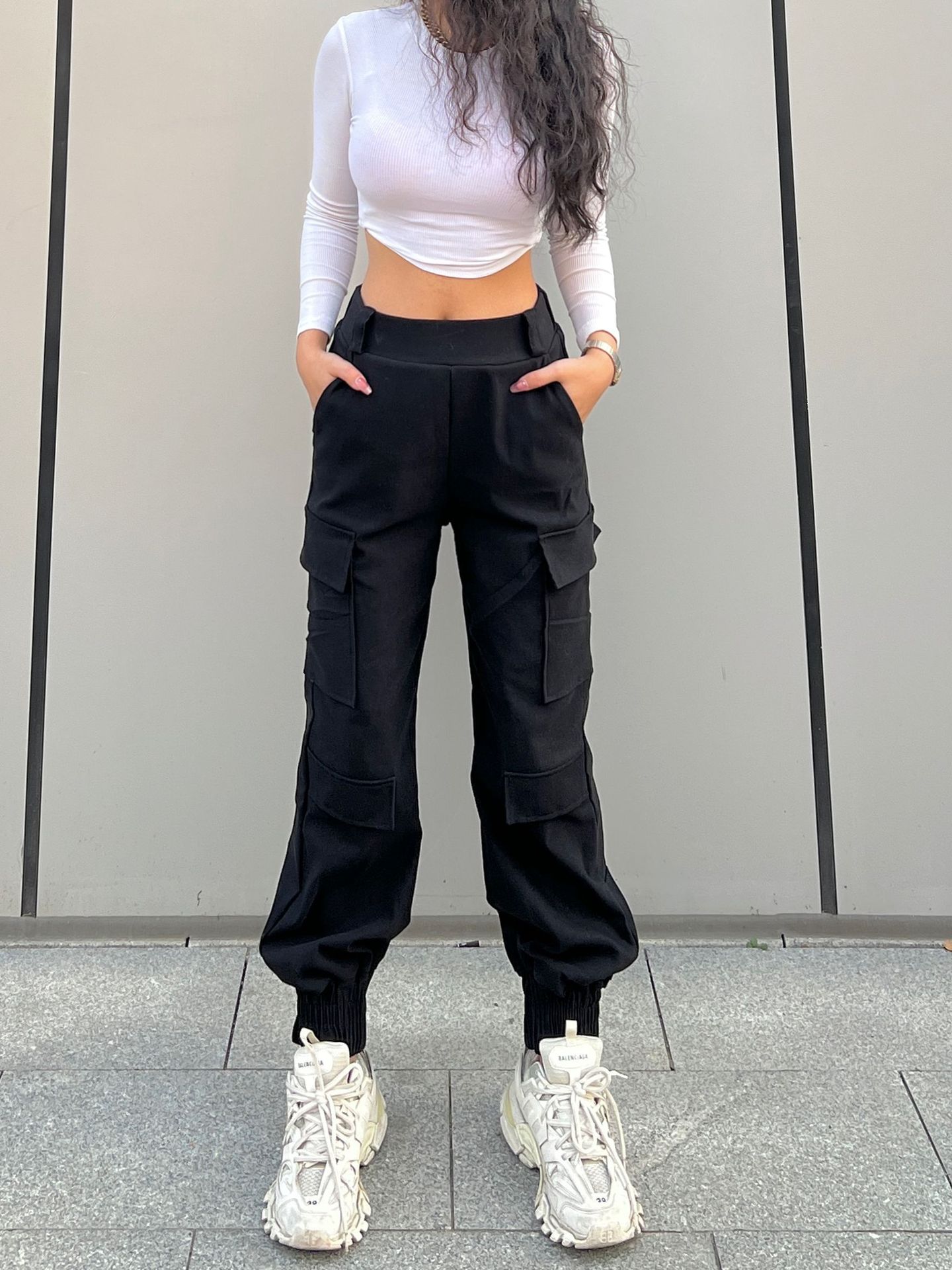 Women s Mid Rise Jogger Cargo Pants Loose Fit Solid Polyester Spandex Y2K Streetwear Multi Pocket Elastic Cuff Jogger Trousers S
