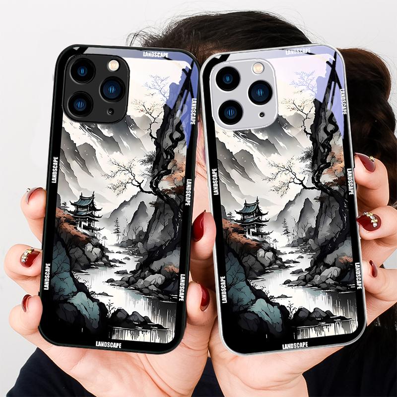 Chinese Landscape Painting For Iphone 16 Plus 15 14 13 12 Mini 11 Pro Max X XS XR 7 8 Plus 2022 Tempered Glass Phone Case